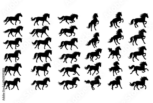 Bold Horse Silhouette Collection with Strong Equine Shapes for Emblem Print and Zodiac Design