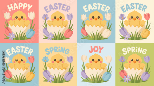 Charming easter chick illustrations with colorful eggs and spring floral arrangements