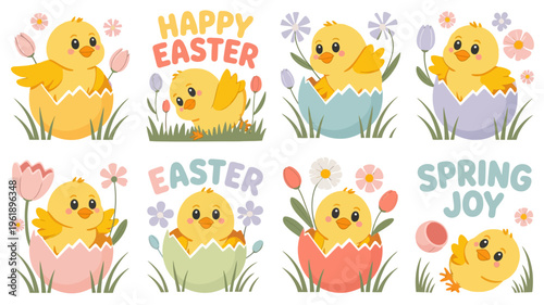 Cute baby chicks and colorful easter eggs celebrate spring joy