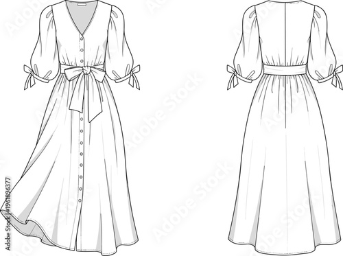 Elegant boho style maxi dress vector illustration with buttons waist tie puff sleeves front back view