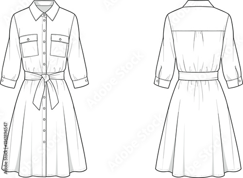 Classic shirt dress vector illustration with collar button front waist tie pockets elegant front back view