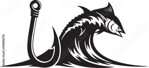 Shark jumping out of wave with fishing hook