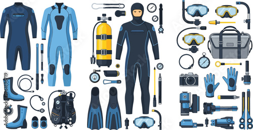 Scuba diving equipment collection with wetsuits, oxygen tanks, fins, masks and underwater gear vector illustration set