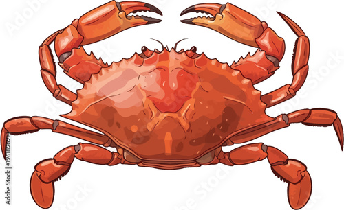 Large red crab illustration shows prominent claws and armored shell facing.