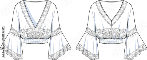 Elegant lace trim blouse vector illustration front and back view bell sleeve fashion technical sketch