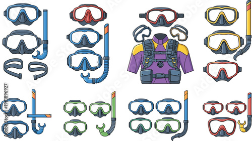 Scuba diving equipment set with masks, snorkels and diving vest, underwater gear collection for ocean adventure, swimming accessories vector illustration bundle