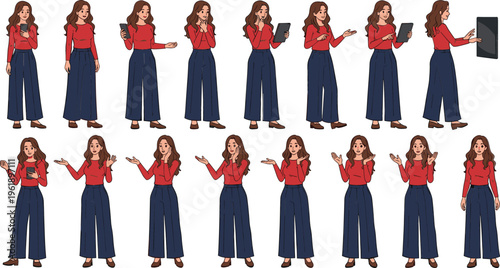 Character Design Featuring Various Poses and Actions of a Young Woman in Red Top and Wide-Legged Pants