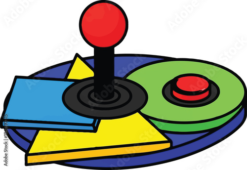A vibrant digital illustration of a retro arcade game controller with bold geometric shapes design
