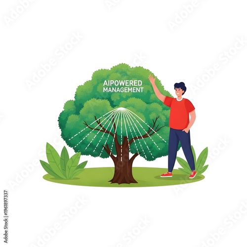 Dynamic Illustration of AI-Powered Management System with a Man and a Growth Tree, Symbolizing Data-Driven Innovation, Strategic Efficiency, and Future Business Development