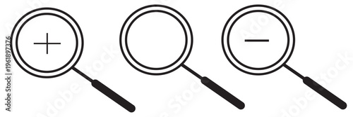 black, blue and orange zoom icon set .  magnifying glass icons with zoom plus minus check isolated on white background, EPS10