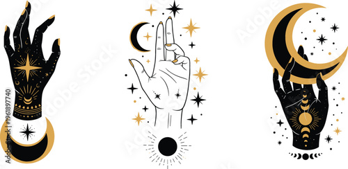 Hand Illustration Set Featuring Mystic Symbols, Stars, Moons, and Sun Motifs in Black and Gold Design