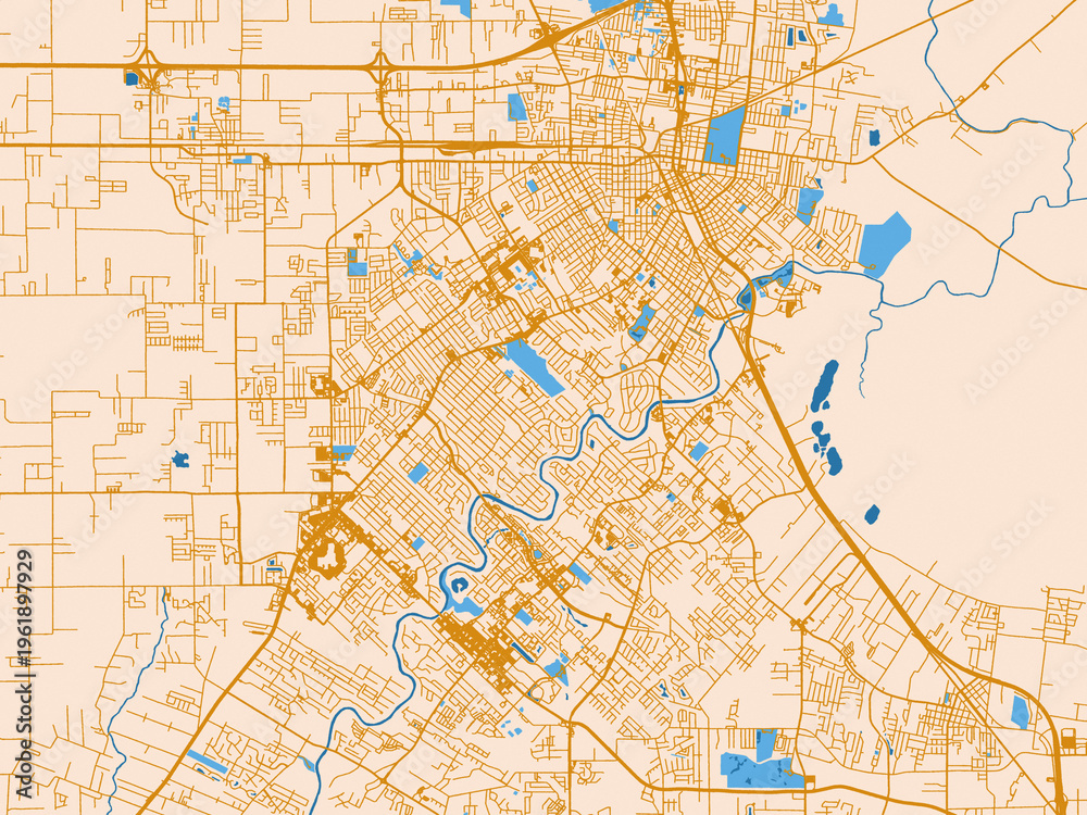 Obraz premium Minimal city map of Lafayette, Louisiana with golden linework with blue water