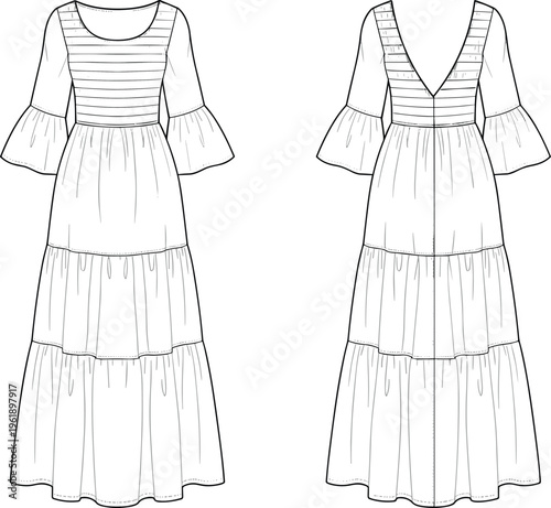 Tiered maxi dress vector illustration front and back view bell sleeve deep back fashion technical sketch