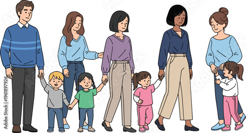 Illustration of a Multigenerational Family with Parents and Children Holding Hands Together