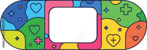 A colorful adhesive bandage featuring a playful design with hearts, stars, and cross symbols