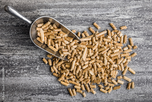 Wood Pellets With Metal Scoop On Concrete Surface For Biomass Fuel And Heating Use
