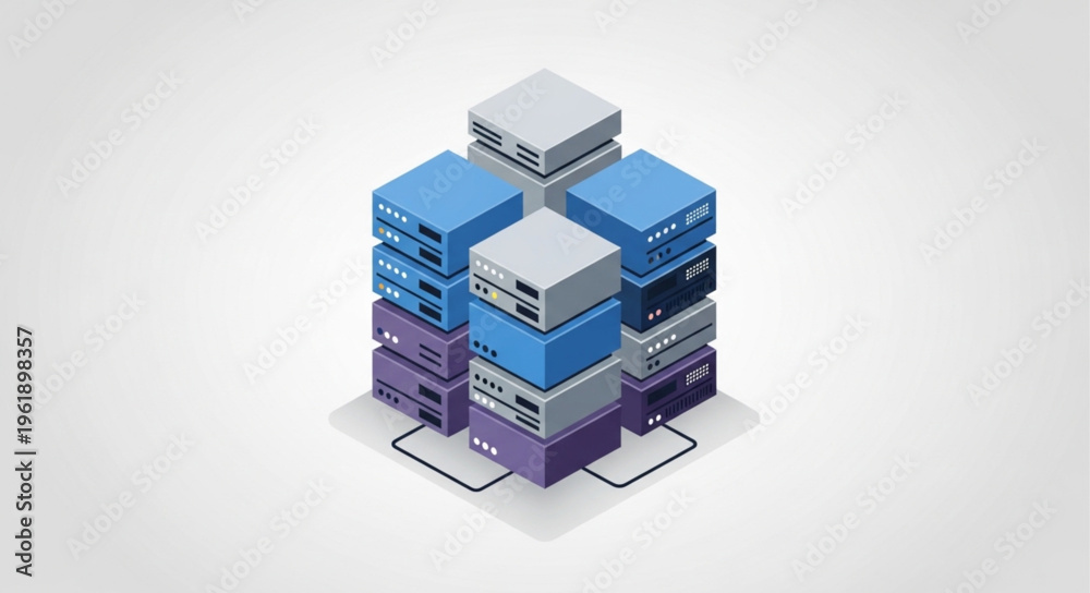 Fototapeta premium Isometric Data Servers - Stacked Network Infrastructure for Cloud Computing.