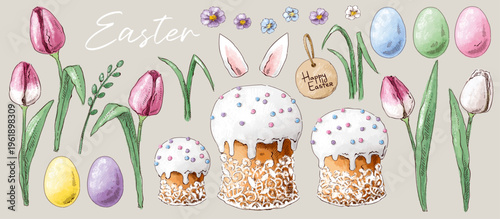 Collection of Easter elements: Easter cakes, ears, tulips, cardboard sign, Easter colorful eggs, grass, flowers. Happy Easter. Vintage postcard composition. Imitation of pastels, hand-drawn.
