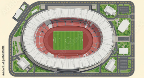 Aerial View of a Large Stadium with Running Track.