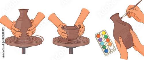 Pottery Making Process Illustration with Shaping, Molding, and Painting a Ceramic Pot
