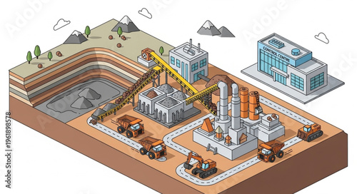 Isometric Mining Operation Illustration - Quarry, Processing Plant, and Office.