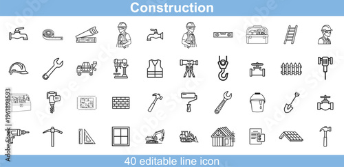 Collection of forty construction and building tools icons in line art style