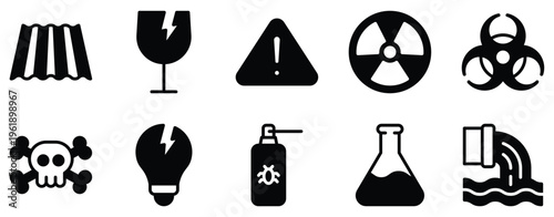 Hazardous waste and materials solid mix style icon set for toxic safety disposal chemical warning and industrial risk design projects