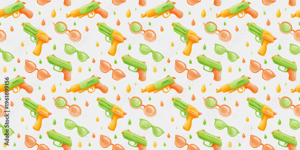 Fototapeta premium watercolor seamless pattern of colorful water guns, sunglasses, and water droplets on a white background, playful summer fun and Songkran festival theme