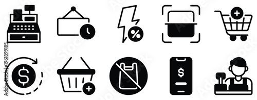 Grocery solid mix style icon set for supermarket shopping food retail basket delivery and household supply design projects