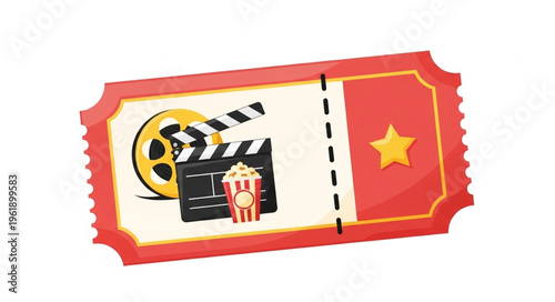 Movie Ticket with Film Reel, Clapperboard, and Popcorn Illustration.