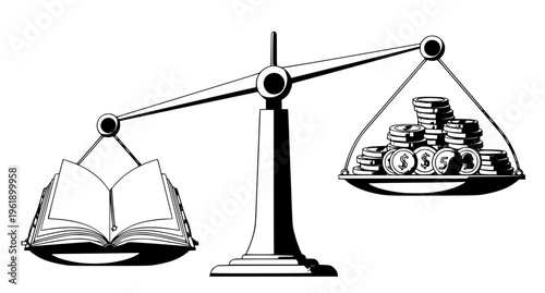 Education vs Money Concept Balanced Scale with Book and Rupee Coins Vector Illustration
