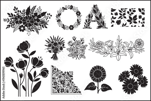 Black and white floral illustrations with various flower designs