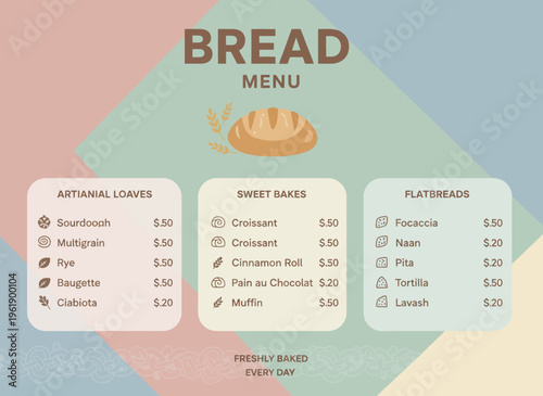 Freshly baked bread menu displayed on a colorful table with various loaves and treats