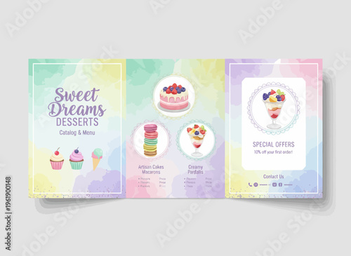 Colorful dessert brochure spread with sweet treats and special offers inside