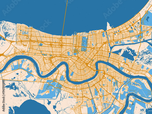 Cuadro en lienzo Urban map poster of New Orleans, Louisiana – gold and blue map palette