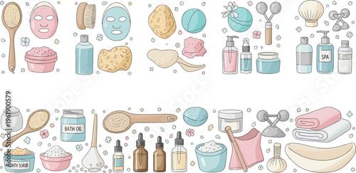 Spa and skincare collection with beauty tools, face masks, bottles and wellness items, self care routine set for cosmetics design, relaxation and vector illustration