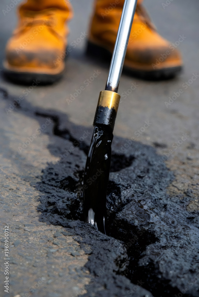 Naklejka premium Road worker filling crack in asphalt with hot liquid bitumen from nozzle. Road repair maintenance service and infrastructure pavement reconstruction process. Industrial construction engineering.