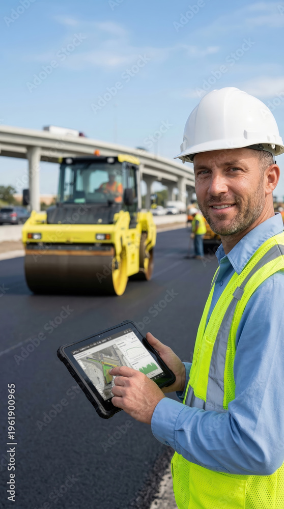 Obraz premium Road engineer monitoring asphalt paving project with tablet. Man in hardhat supervising highway construction. Modern infrastructure development, site management and digital technology concept.