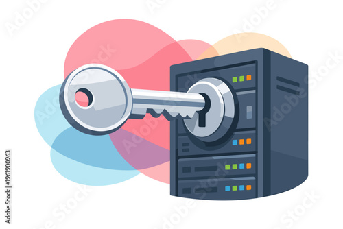 Digital security key unlocking server data protection concept.