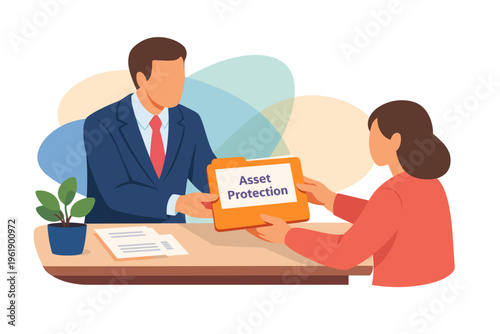 Financial advisor hands client folder labeled asset protection.