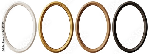 Four oval picture frames in white, gold, brown, and black are arranged neatly. They stand out clearly on a simple backdrop perfect for showcasing photos or art
