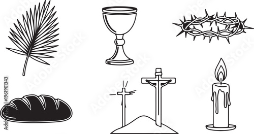 Black line art palm leaf chalice bread crucifixion crown of thorns and candle religious icons minimalist vector set