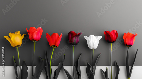 Monochrome Background with Colorful Spring Flowers and Copy Space