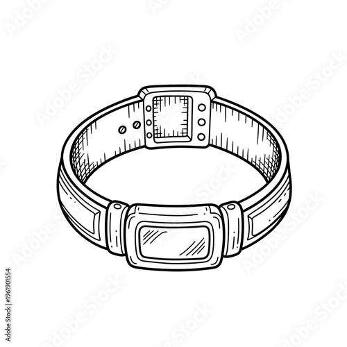 Artistic hand-drawn illustration of a classic pet collar with an adjustable buckle and decorative trim, ideal for animal accessory designs, graphic projects, or vintage fashion elements