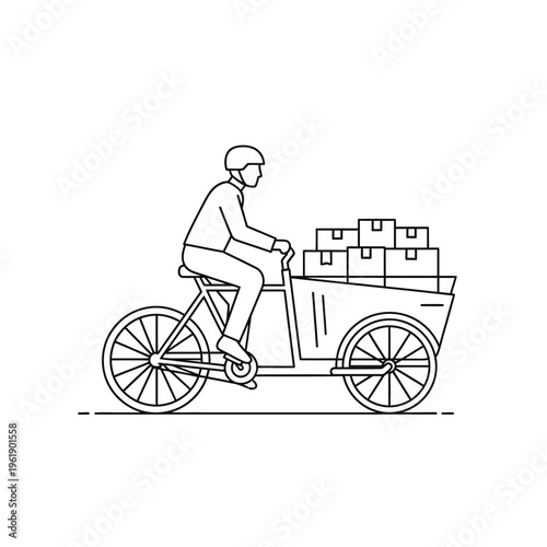 Cargo Bike Delivery Courier Line Art Illustration - Sustainable Urban Logistics, Last Mile Shipping, and Eco-Friendly Transportation Icon