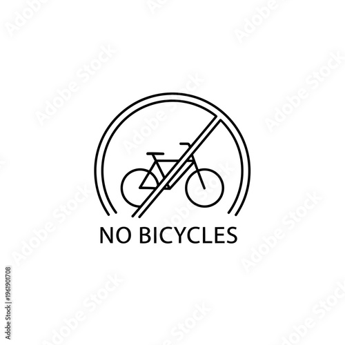 Minimalist No Bicycles Sign Icon - Black Line Art Prohibition Symbol Isolated on White Background