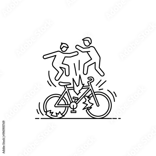 Minimalist Line Art Illustration of a Bicycle Accident with Two Cyclists Falling off a Broken Bike