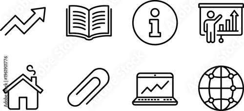 Business analytics education icons set, growth chart book info presentation home laptop globe symbols, modern line outline UI vector design