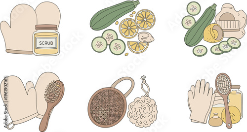 Spa body care set with scrub, gloves, brushes and natural ingredients, wellness skincare collection for beauty routine, self care and organic vector illustration