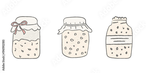 Hand drawn sourdough starter jars set. Rustic sketch style fermentation illustration with labels. Minimal neutral kitchen clipart for baking blogs, recipe cards, packaging, farmhouse decor. Vector.